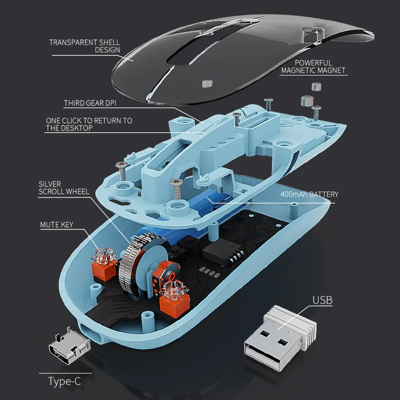 EQ-TW Rechargeable TRANSPARENT Bluetooth 2.4G Wireless Mouse RGB Backlight USB TYPE-C Silent Switch Ultra-thin Wireless Mouse - Image 3